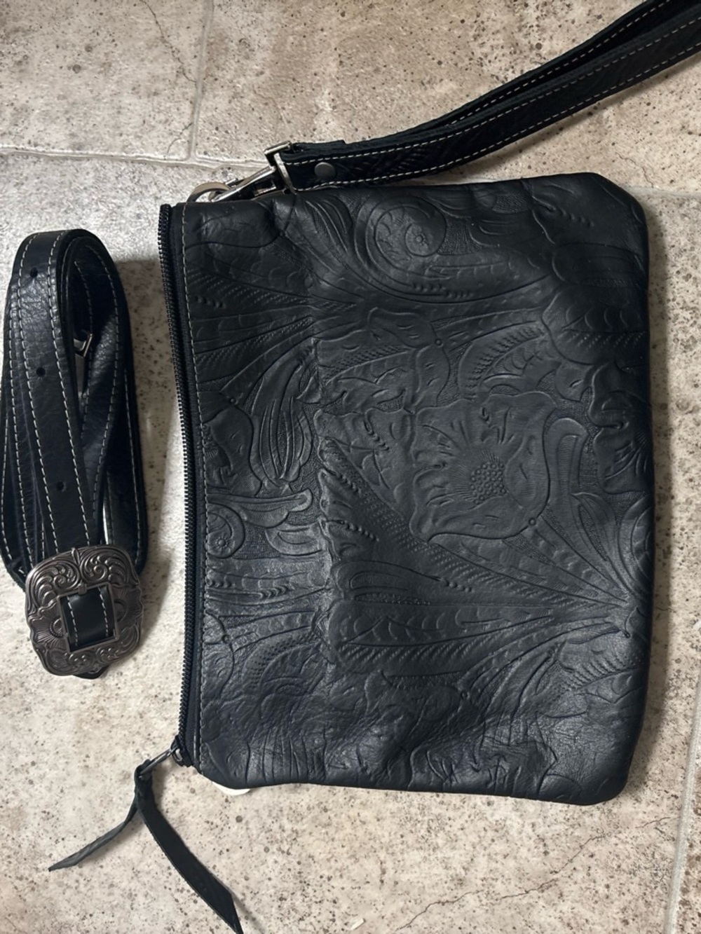 Black Embossed Leather Crossbody Bag with Decorative Strap
